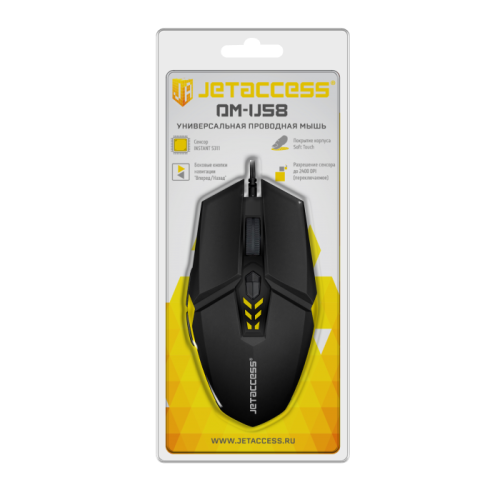 Проводная оптическая мышь JETACCESS OM-U58 черно-желтая (800/1200/2400/3200dpi, 6 кнопок, USB)